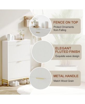 Fluted shoe cabinet with 2 flip drawers, 1 drawer, and a hook. Modern farmhouse style with metal legs. Perfect for narrow entryways,White