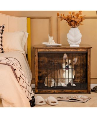 Wooden Dog Crate Furniture with Pad Bed Double Doors Dog Kennel End Table