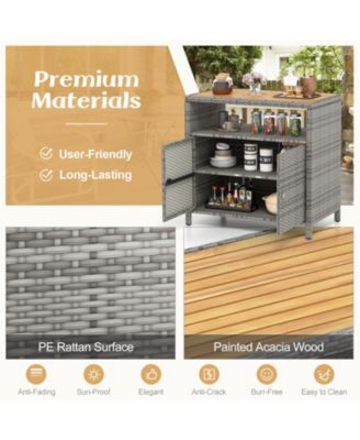 Rattan Storage Cabinet with Acacia Wood Countertop for Poolside Deck and Patio
