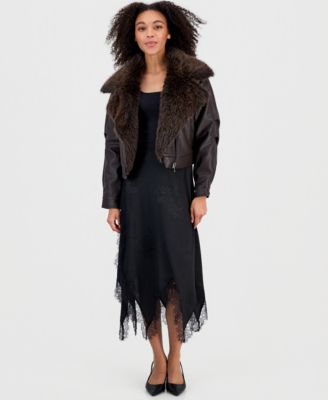 Women's Faux-Fur-Trim Faux Leather Moto Jacket, Macy's Exclusive