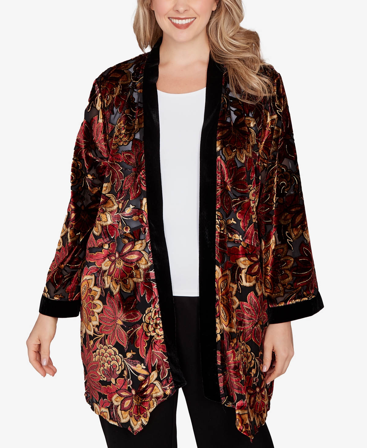 Ruby Rd. Plus Size Printed Velvet Burnout Open Cardigan Jacket In Multi