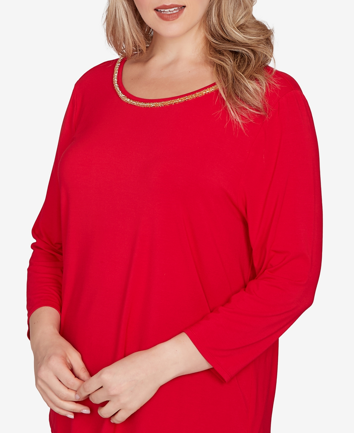 Ruby Rd. Plus Size Embellished Scoop Neck Solid Knit Top In Red