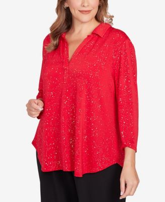 Plus Size Metallic Dew Drop Shirt Collar Top