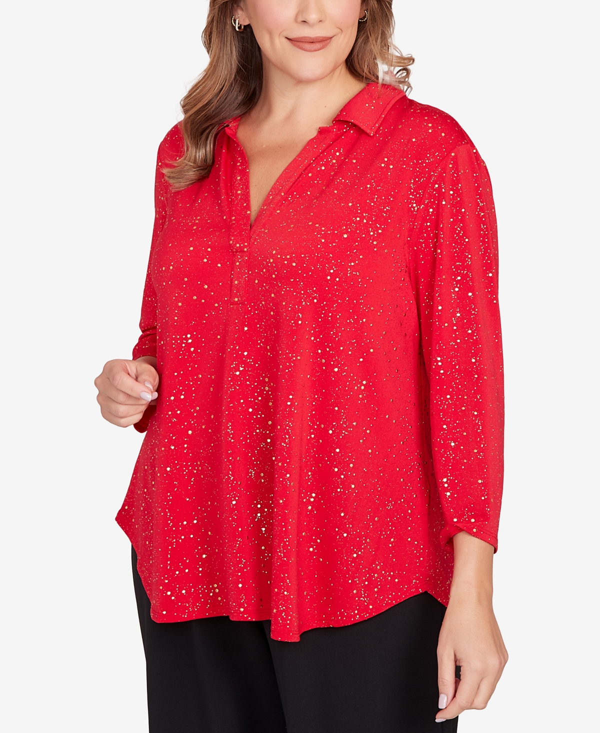 Ruby Rd. Plus Size Metallic Dew Drop Shirt Collar Top In Red