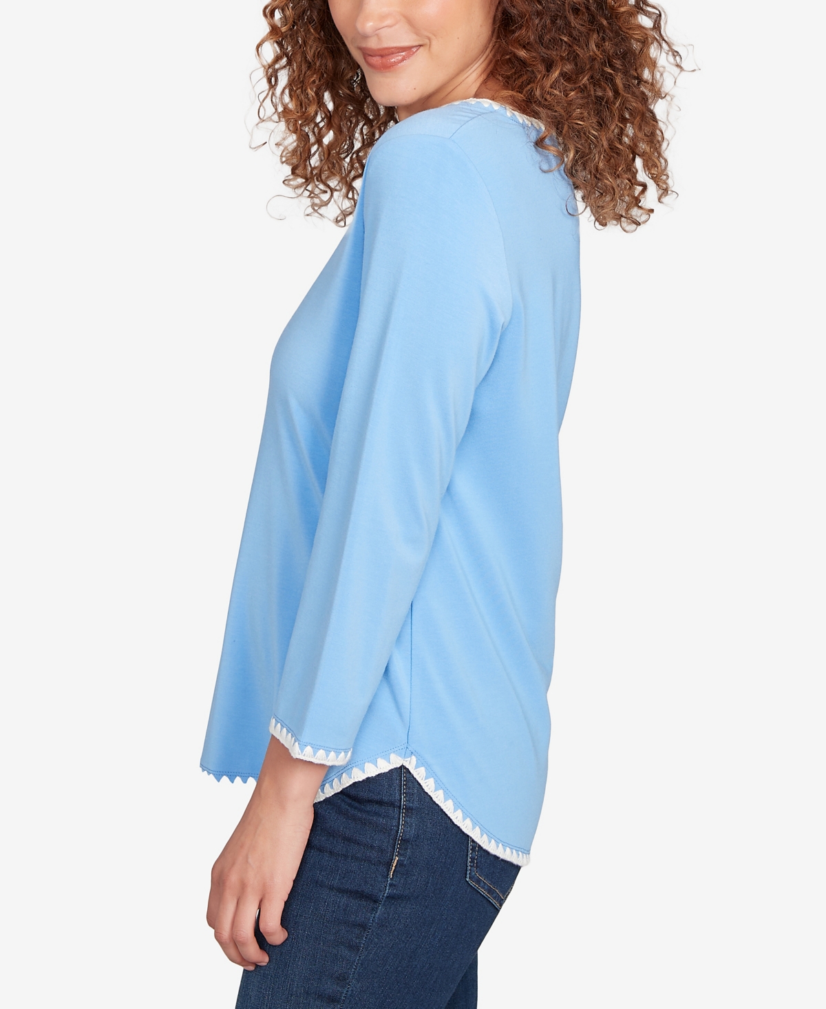 Ruby Rd. Plus Size Contrast Embroidered Solid Knit Top In Blue