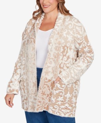Plus Size Eyelash Scroll Jacquard Cardigan Sweater