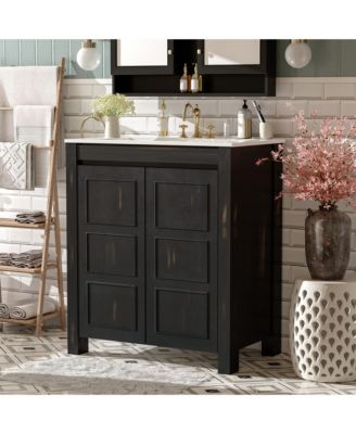 30" Solid Wood & MDF Bathroom Vanity with Ceramic Sink, Soft-Close Doors & Adjustable Shelf Storage Cabinet