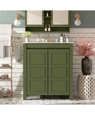 30" Solid Wood & MDF Bathroom Vanity with Ceramic Sink, Soft-Close Doors & Adjustable Shelf Storage Cabinet