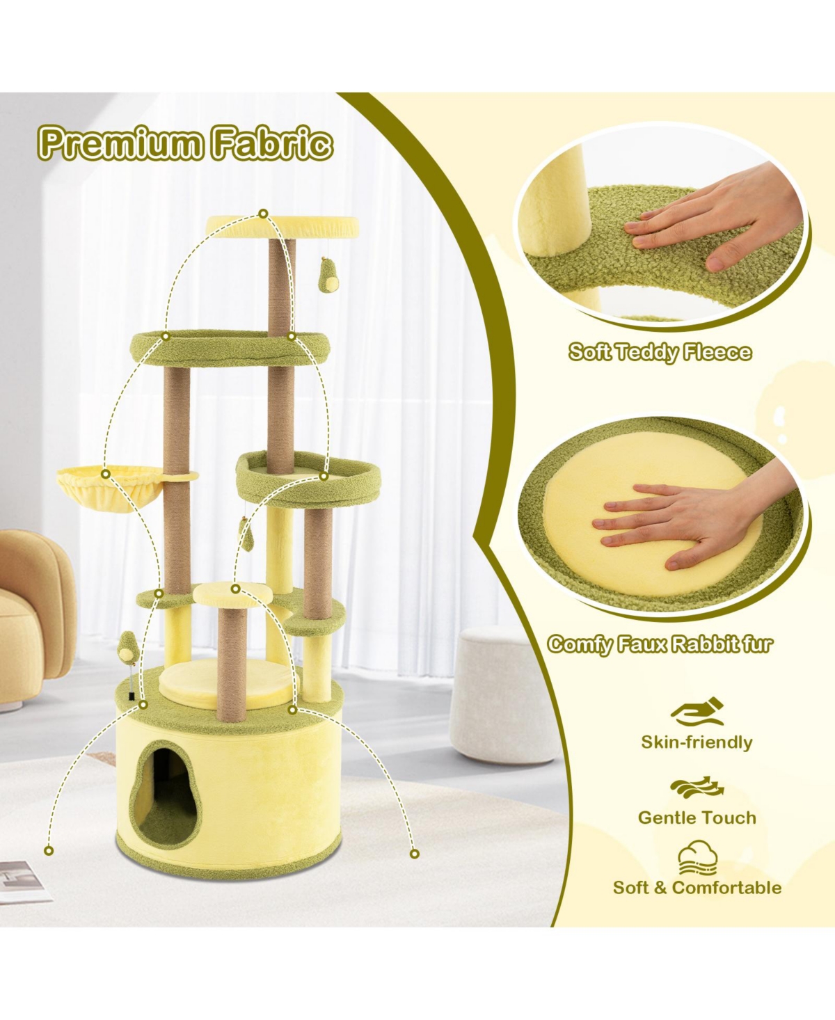 Gymax Large Avocado Cat Tree Multi-level Cat Tower w/ Large Private Condo Fun Pompoms