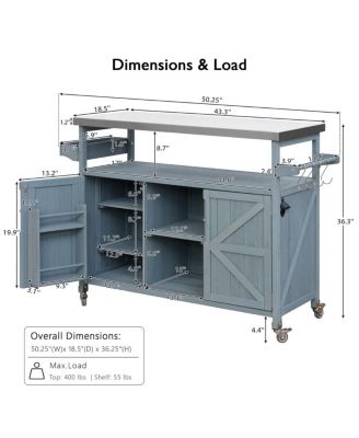Outdoor Kitchen Island Cart with Storage, Solid Wood BBQ Grill Station with Stainless Steel Top, Spice Rack & Towel Bar