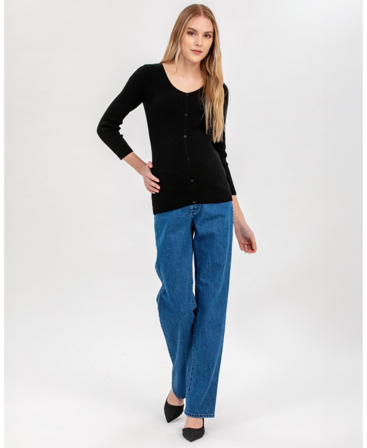 Pietro Brunelli Maternity Ribbed Bella Sweater with Button Detail V-Neck 3/4 Sleeve