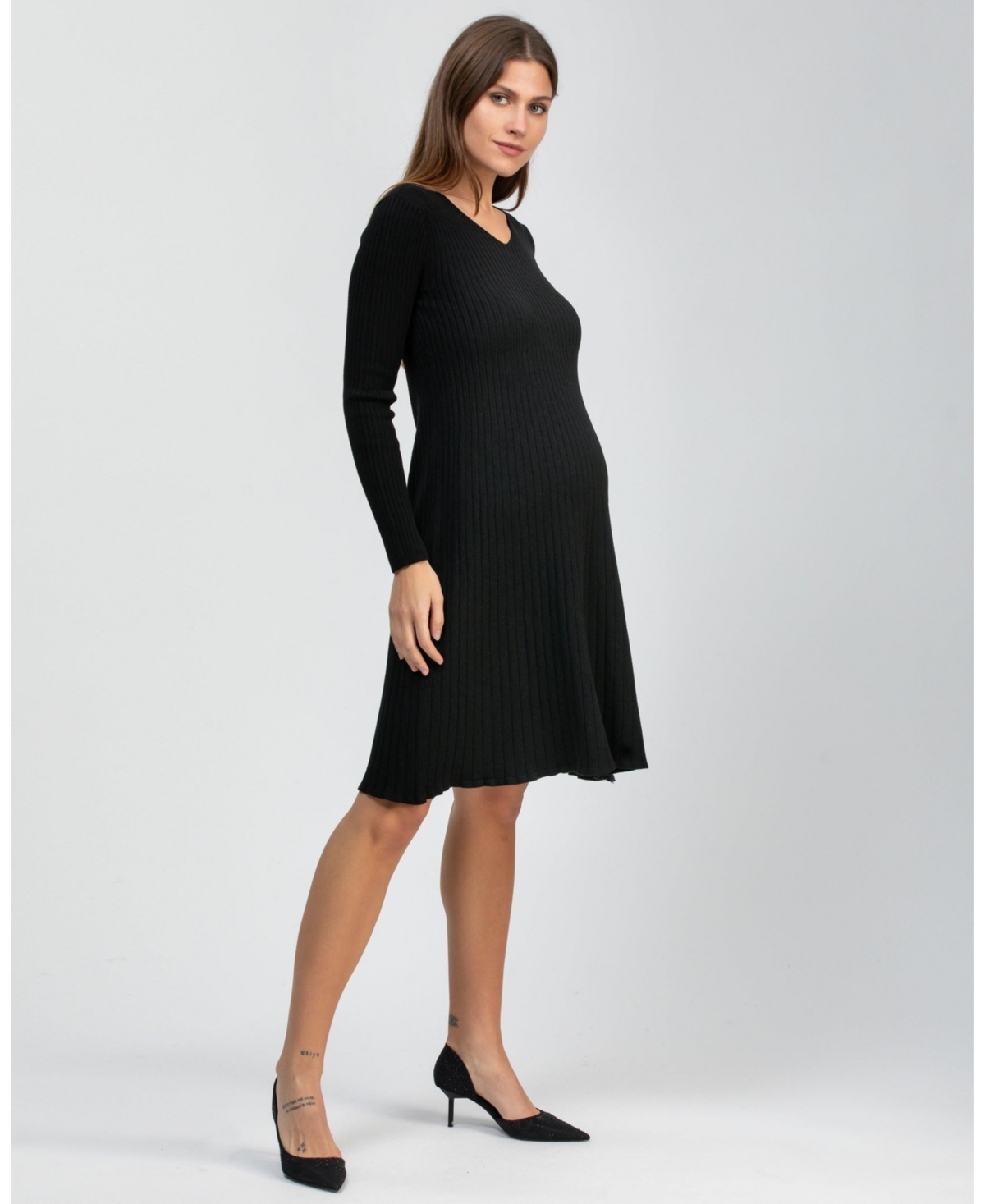 Pietro Brunelli Maternity Maternity Flared Knee-length Bianca Dress With V-neck In Black
