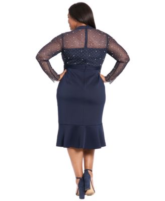 Plus Size Beaded Illusion Mock-Neck Midi Dress