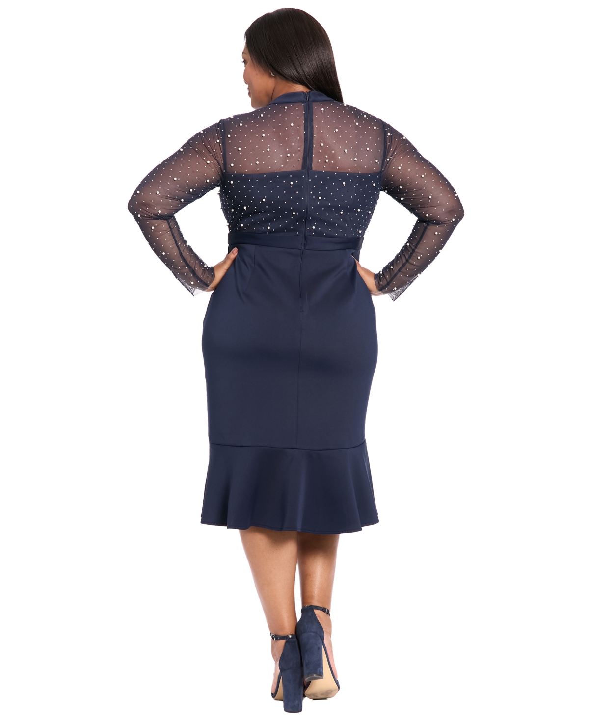 London Times Plus Size Beaded Illusion Mock-neck Midi Dress In Blue