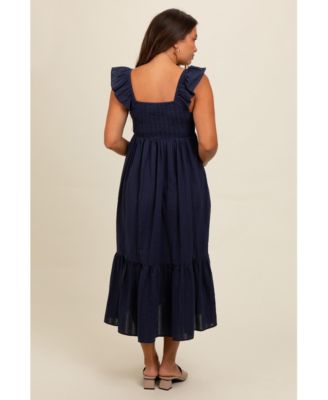 Maternity Navy Blue Textured Cotton Ruffle Strap Midi Dress