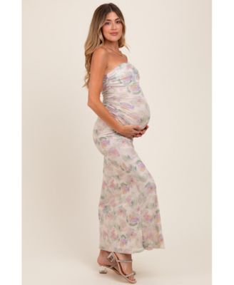 Maternity Cream One Shoulder Ruched Maxi Dress