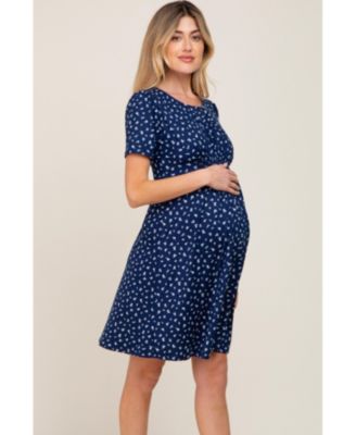 Maternity Navy Floral Smocked Short Sleeve Dress