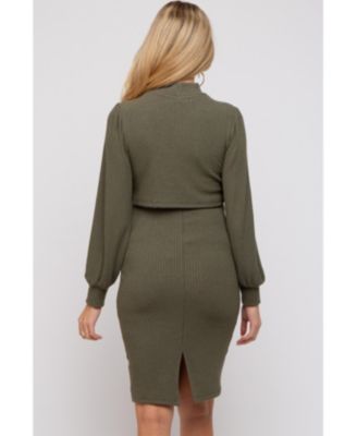 Maternity Taupe Rib Knit Mock Neck Nursing Dress