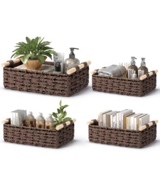 Woven Storage Baskets with Wooden Handles, Set of 4