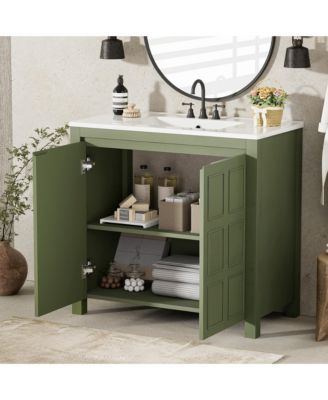 36" Solid Wood Bathroom Vanity Set with Ceramic Sink & Distressed Finish Storage Cabinet Organizer