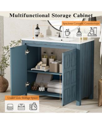 36" Solid Wood Bathroom Vanity Set with Ceramic Sink & Distressed Finish Storage Cabinet Organizer