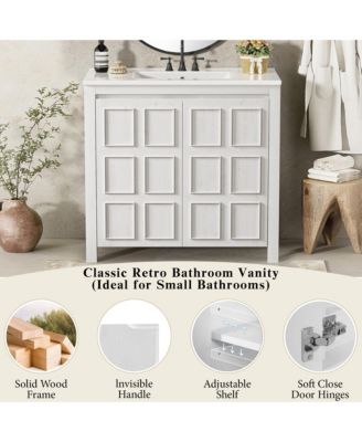 36" Solid Wood Bathroom Vanity Set with Ceramic Sink & Distressed Finish Storage Cabinet Organizer