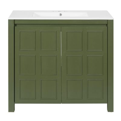 36" Solid Wood Bathroom Vanity Set with Ceramic Sink & Distressed Finish Storage Cabinet Organizer