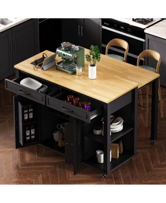 47.2" Expandable Kitchen Island with Slide-Out Dining Table, Storage Drawers, Cabinets & USB Charging Station-Maison Boucle