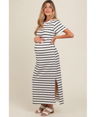Maternity White Striped Side Slit Maxi Dress