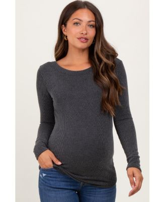 Maternity Charcoal Ribbed Scoop Neck Long Sleeve Top