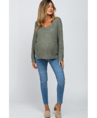Maternity Olive V-Neck Side Slit Thick Knit Sweater