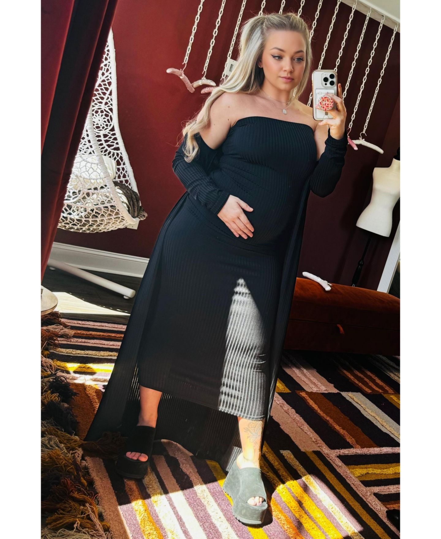 Женские платья Pinkblush Black Ribbed Sleeveless Dress Cardigan Set, цвет: Чёрный — фото 3