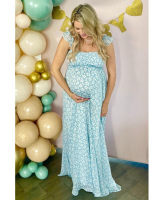 Maternity Light Blue Floral Chiffon Sweetheart Neck Off Shoulder Maxi Dress