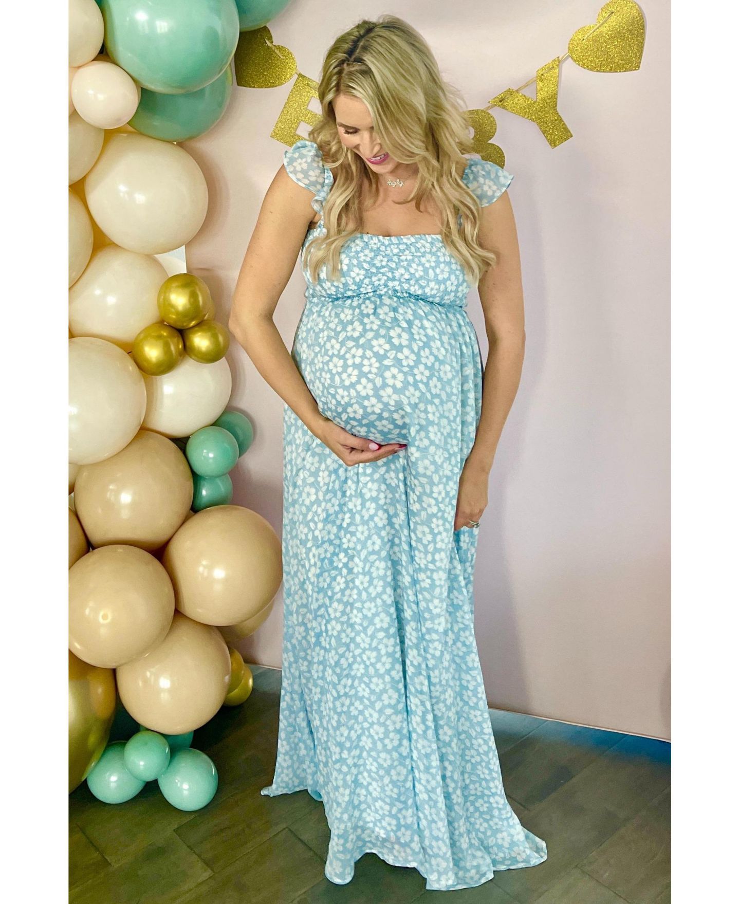 Женское платье Pinkblush Light Blue Floral Chiffon Sweetheart Neck Off Shoulder Maxi, цвет: Светлый синий — фото 4
