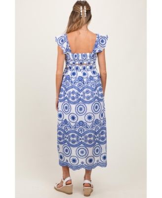 Maternity Light Navy Embroidered Smocked Cutout Midi Dress
