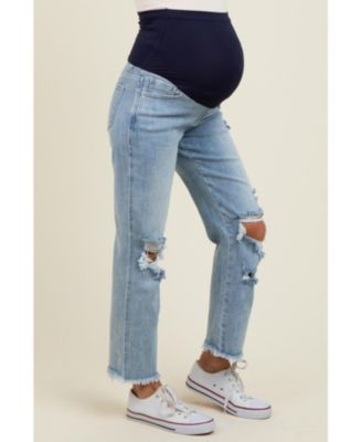 Maternity Light Blue Ripped Knee Fringe Hem Straight Leg Ankle Jeans