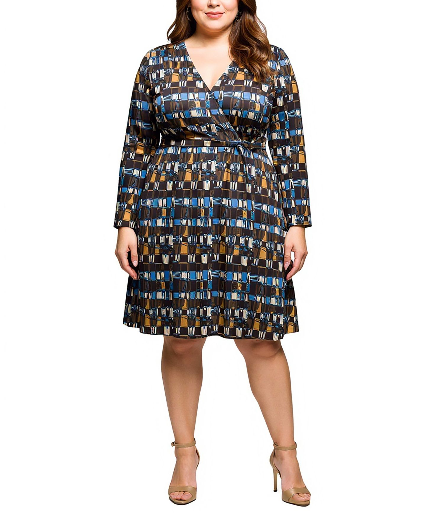 Женское платье 24seven Comfort Apparel Plus Size Long Sleeve Wrap with Belt, цвет: Коричневый разноцветный — фото 1
