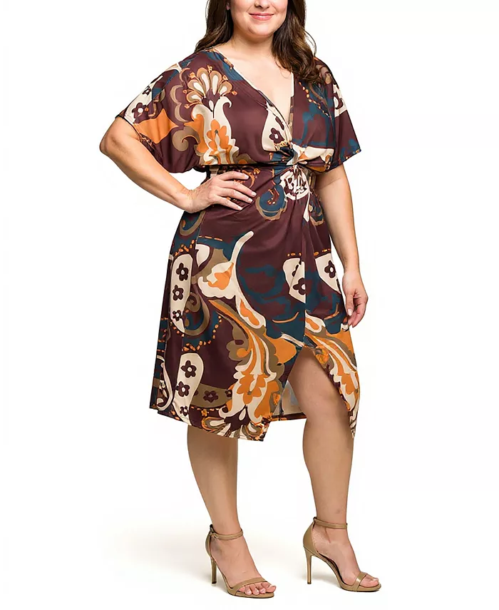 Plus Size Short Sleeve Knot Front Midi Dress
