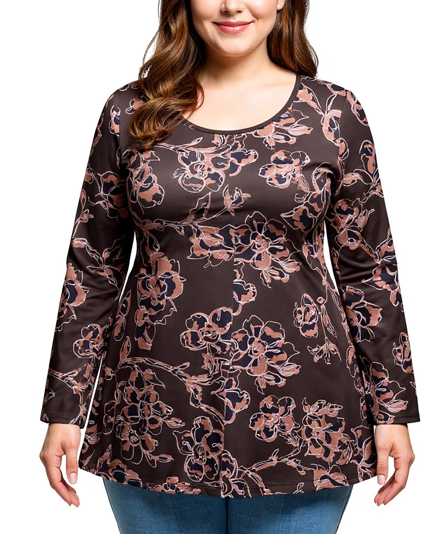 Женский топ 24seven Comfort Apparel Plus Size Brown Floral Print Long Sleeve Tunic Top, цвет: Коричневый разноцветный — фото 1