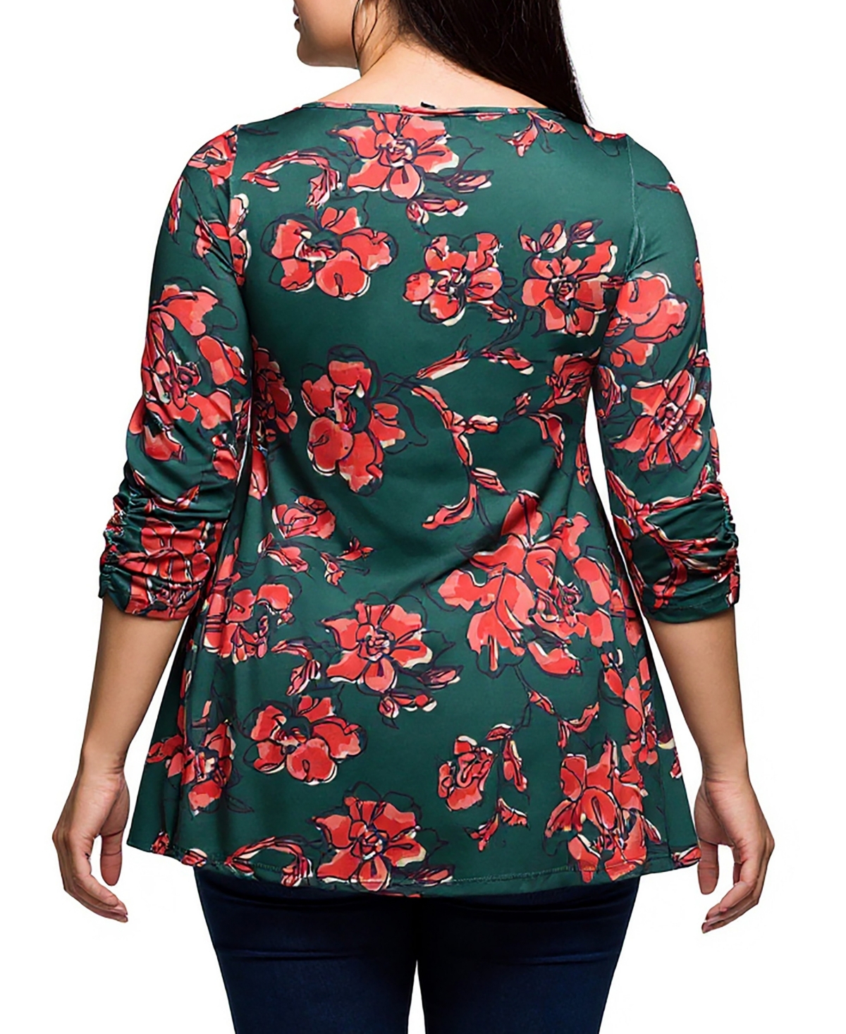 24seven Comfort Apparel Plus Size Green Floral Print Three Quarter Sleeve Tunic Top In Multi