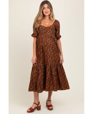 Maternity Mocha Floral Sweetheart Puff Sleeve Midi Dress