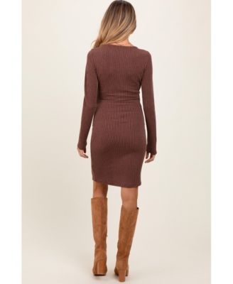 Maternity Brown Ribbed Long Sleeve Half Button Up Fitted Dress