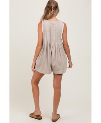 Maternity Deep V-Neck Pleated Front Tie Sleeveless Romper