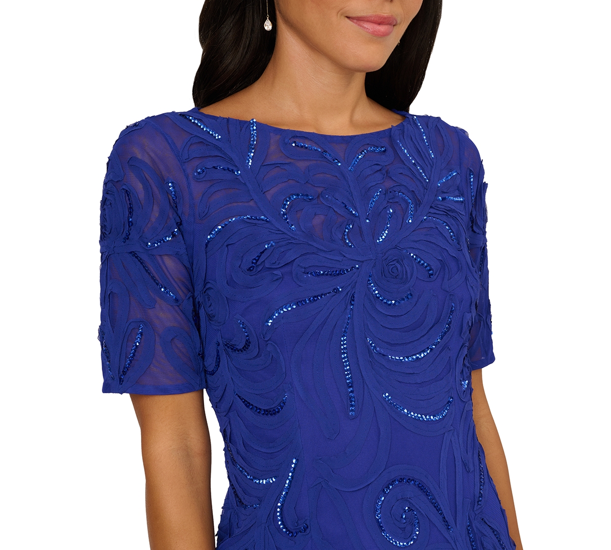 Adrianna Papell Petite Soutache Column Boat Neck Long Dress