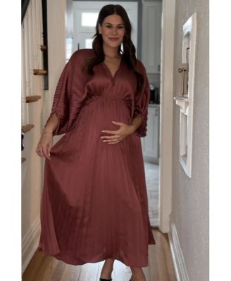 Maternity Forest Green Satin Pleated V-Neck Maxi Dress