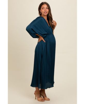 Maternity Forest Green Satin Pleated V-Neck Maxi Dress