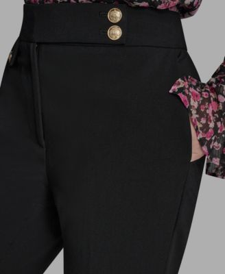Women's Flat Front Two Button Tab Mid Rise Pants