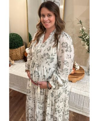 Maternity Olive Floral Button Front Tiered Long Sleeve Maxi Dress