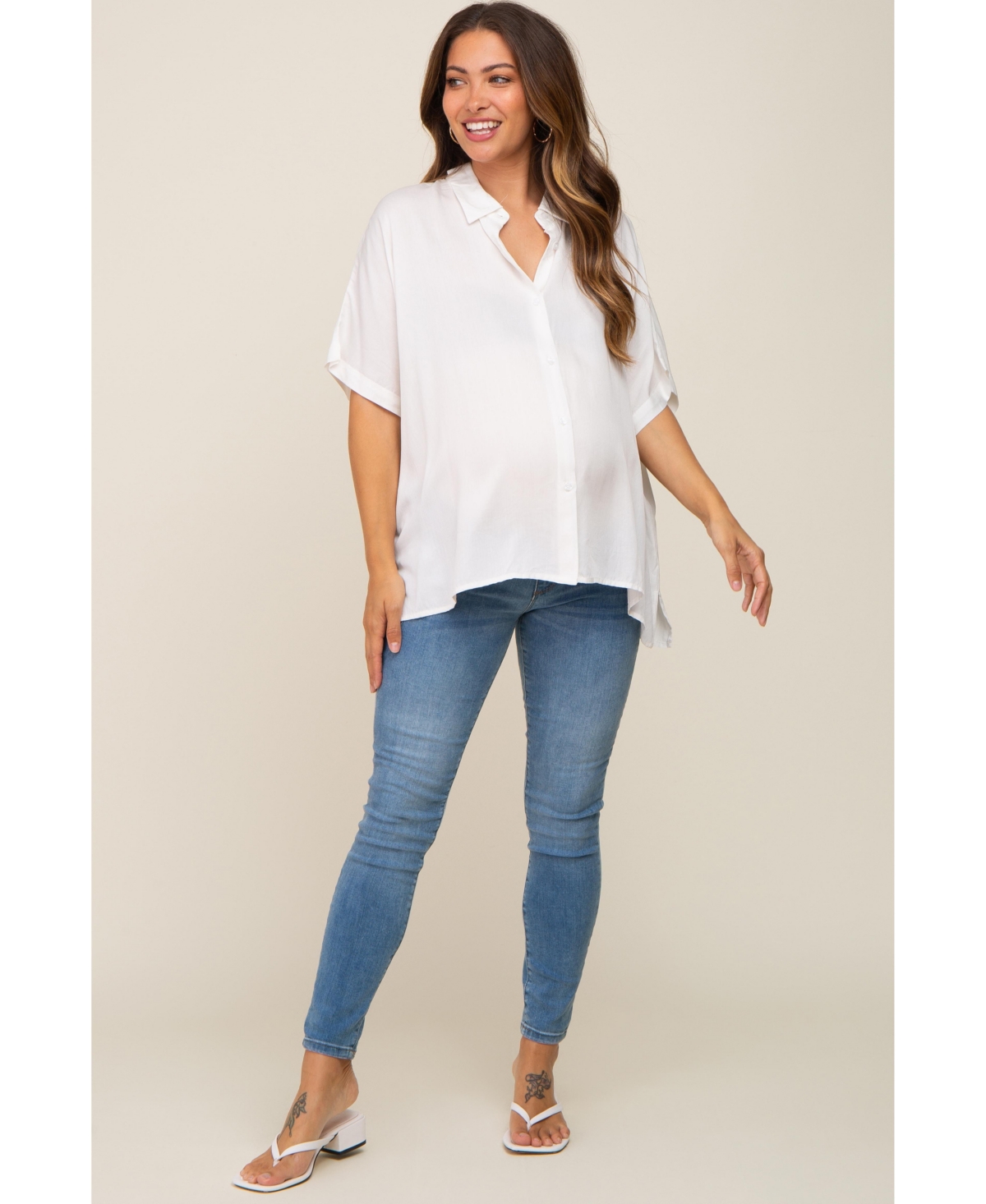 Pinkblush Maternity White Button Up Dolman Short Sleeve Top