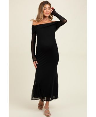Maternity Black Mesh Overlay Off Shoulder Long Sleeve Midi Dress